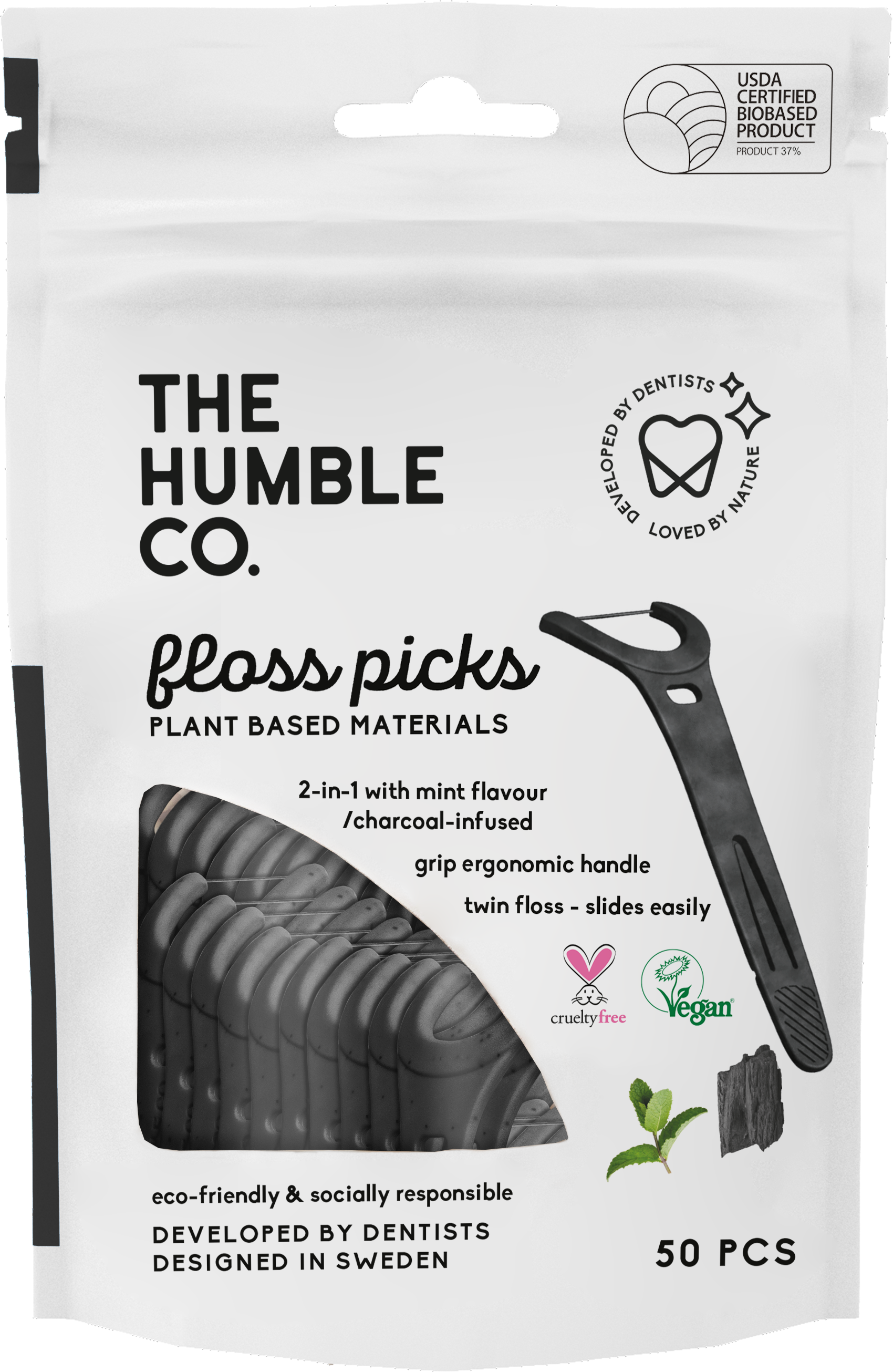 The Humble Co. Лъкчета за зъби Grip с двоен конец 50бр - С активен въглен