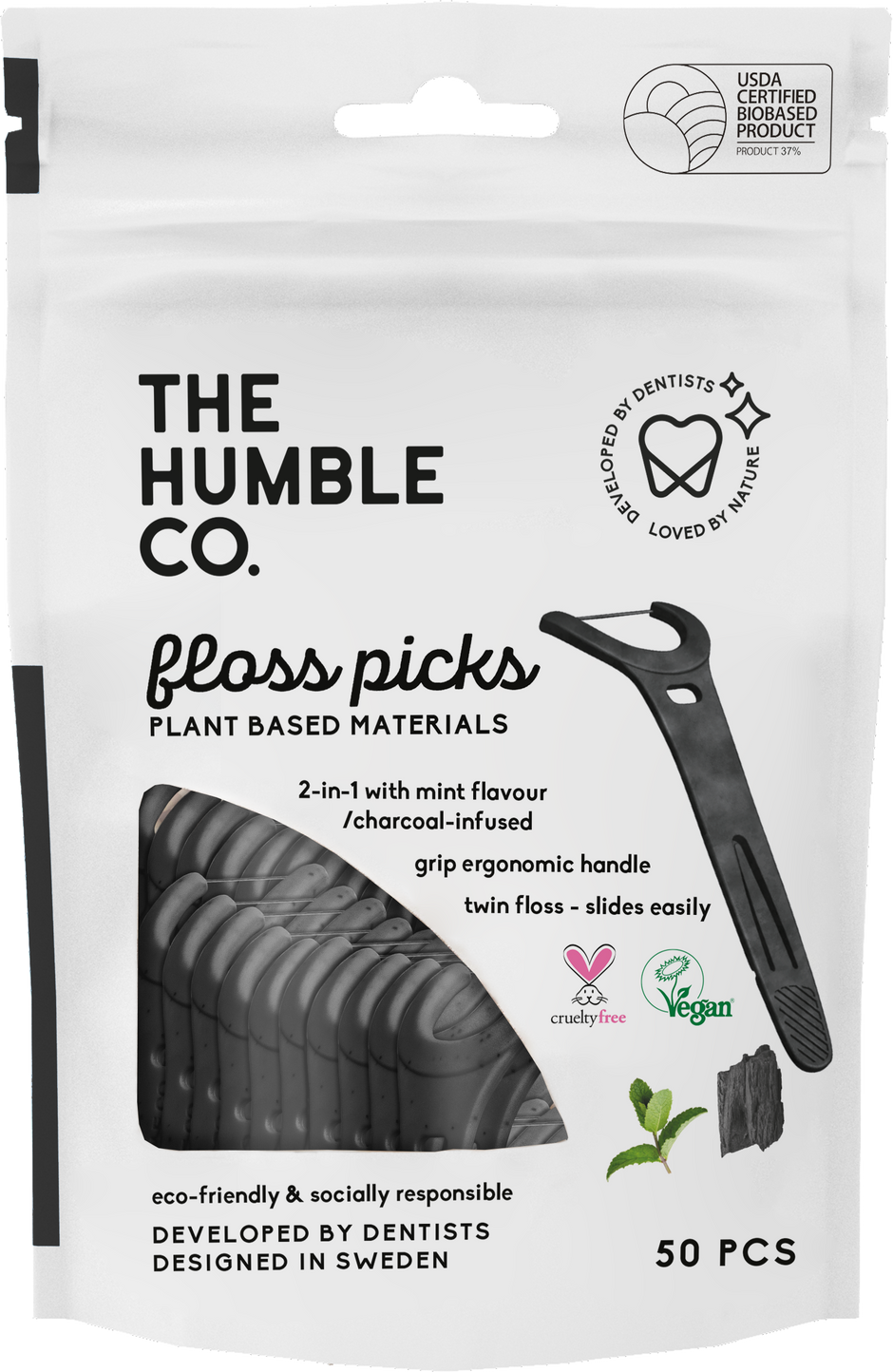 The Humble Co. Лъкчета за зъби Grip с двоен конец 50бр - С активен въглен